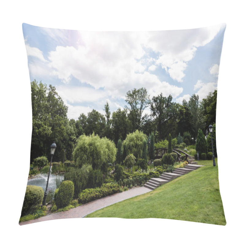 Personality  Street Lamps Near Walkway And Bushes In Park With Fountain  Pillow Covers