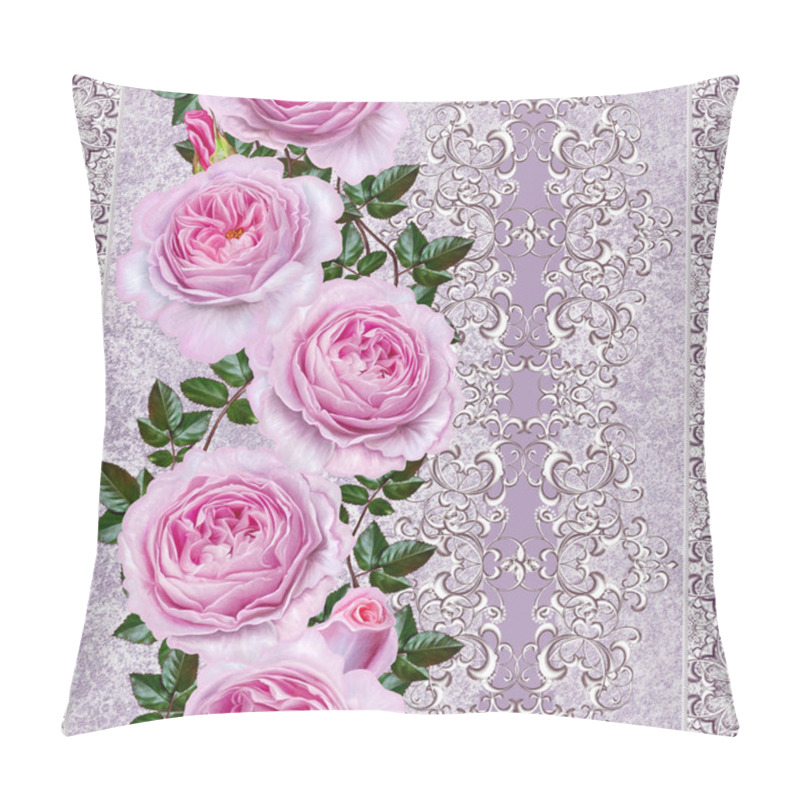 Personality  Vertical Floral Border. Pattern, Seamless. Old Style. Flower Garland Of Delicate Pink Roses, Buds. Silver Shiny Openwork Curls, Lace, Pastel Mosaic, Weaving. Pillow Covers