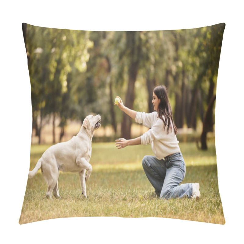 Personality  A Beautiful Woman In Cozy Attire Kneels In The Park, Tossing A Ball To Her Energetic Dog. Pillow Covers