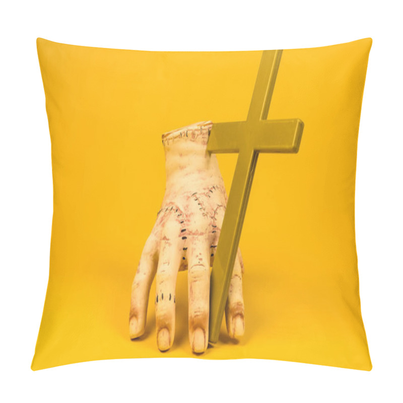 Personality  This Image Of A Severed Hand Holding A Cross Against A Bright Yellow Background Invites Viewers To Reflect On Spiritual Themes, Making It Perfect For Thought-provoking Art Projects.Halloween Concept Pillow Covers