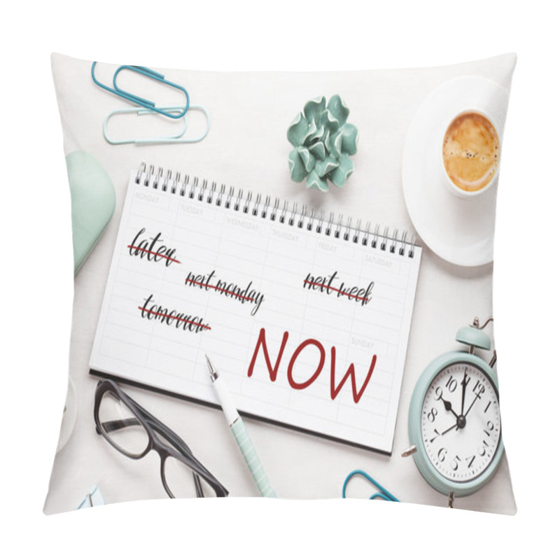 Personality  Time Management Concept With Notes In Weekly Organizer Over The Desk With Coffee And Alarm Clock. Solution Against Procrastination Pillow Covers