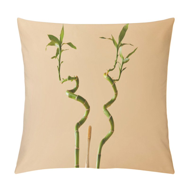 Personality  Bamboo Toothbrush With Green Bamboo On Beige Background Pillow Covers