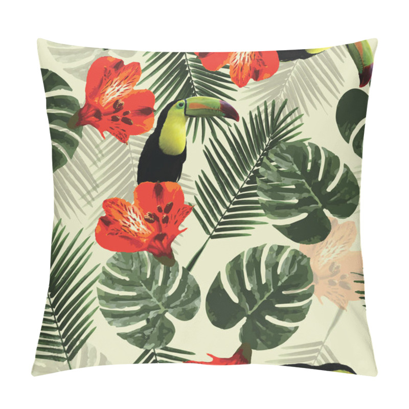 Personality  Tropical Seamless Pattern With Toucan Parrot, Flowers And Palm L Pillow Covers