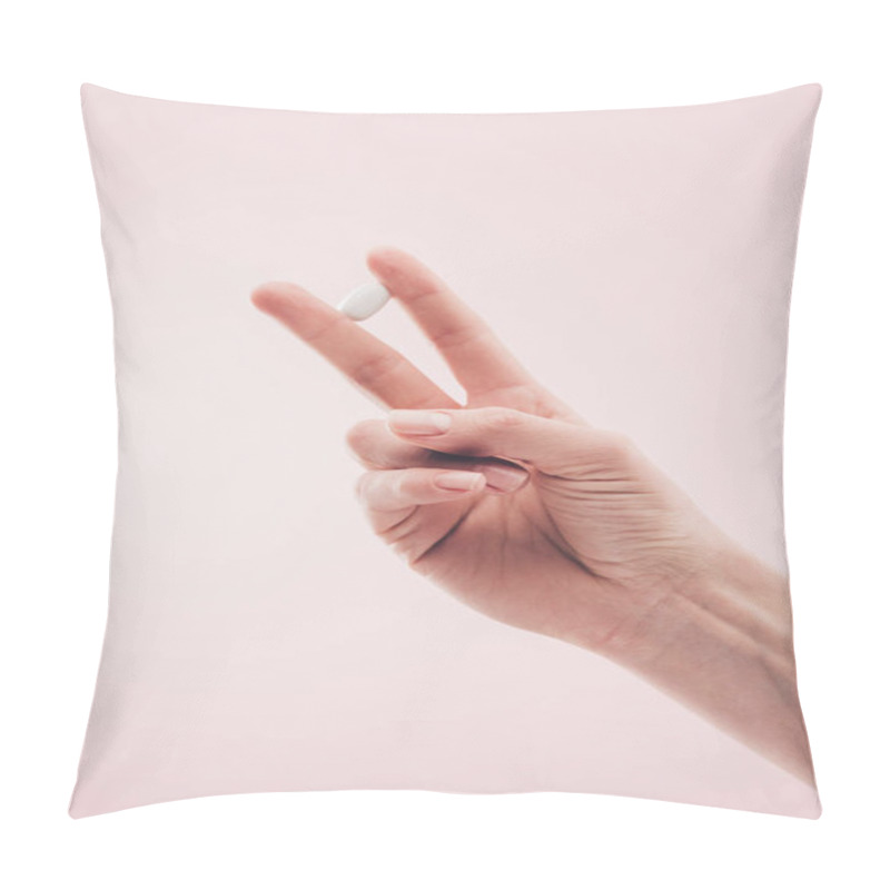 Personality  Partial View Of Woman Holding Medicine In Hand Isolated On Pink Pillow Covers