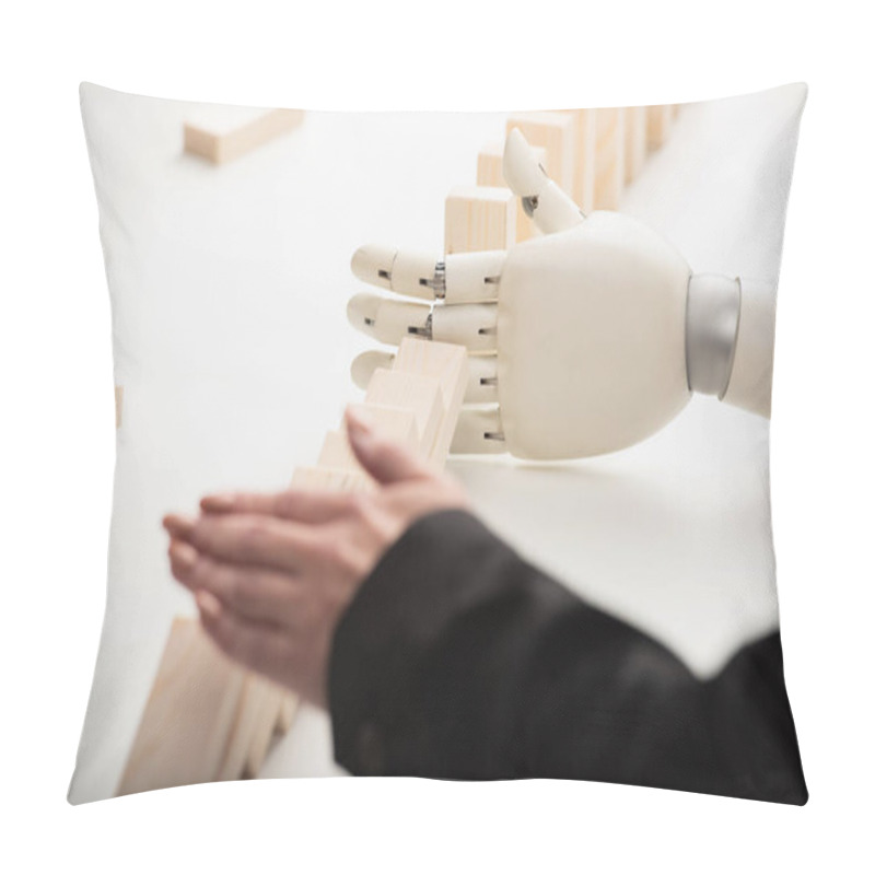 Personality  Cropped View Of Woman Pushing Wooden Bricks While Robotic Hand Preventing Row From Falling Pillow Covers