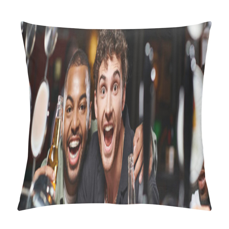 Personality  Excited Interracial Friends Hugging And Holding Beer, Spending Time In Bar, Male Friendship Banner Pillow Covers