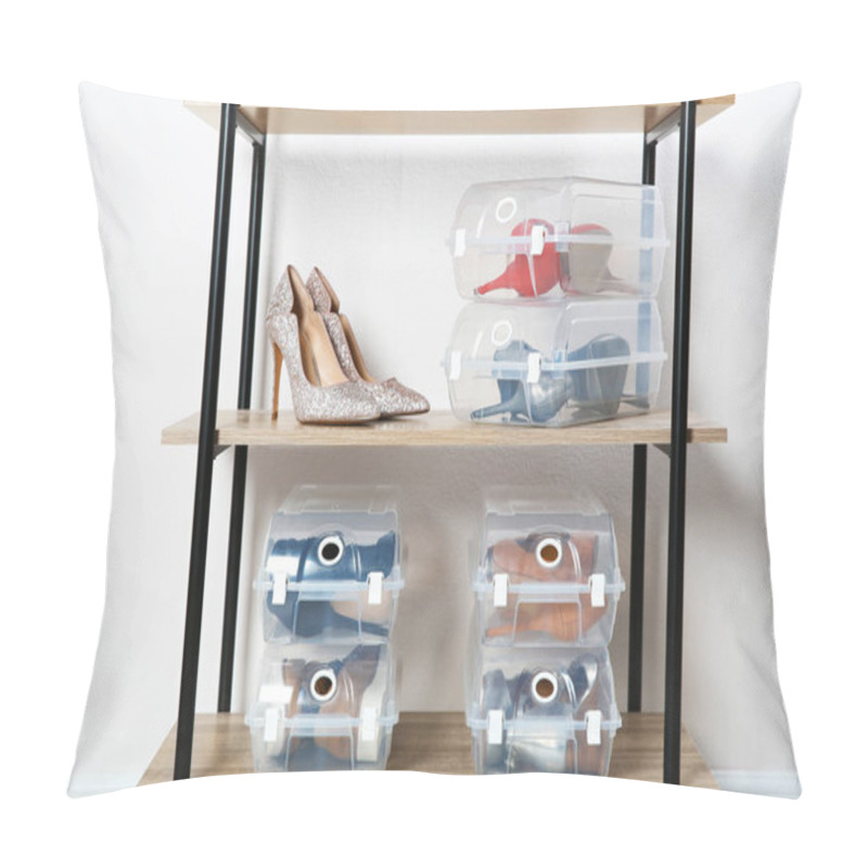 Personality  Footwear And Plastic Boxes On Shelves Near Wall. Shoe Storage Organization Pillow Covers