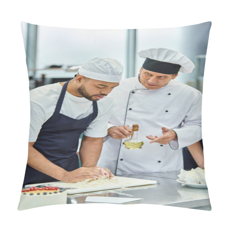 Personality  Good Looking African American Chef In Toque And Apron Working With Dough Next To Chief Cook Pillow Covers