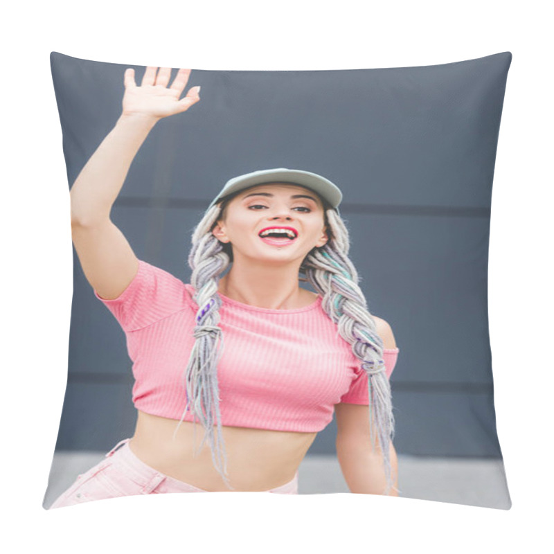 Personality  Beautiful Stylish Girl With Dreadlocks In Hat Waving With Hand Pillow Covers