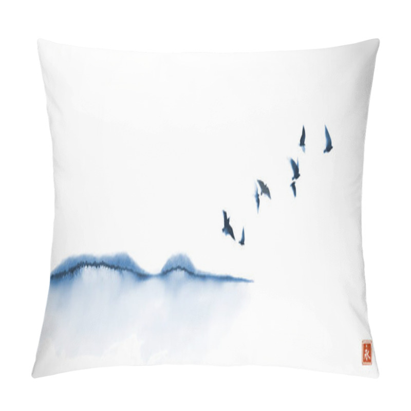 Personality  Blue Landscape With Birds Flying Over The Hill. Traditional Oriental Ink Painting Sumi-e, U-sin, Go-hua. Translation Of Hieroglyph - Eternity. Pillow Covers