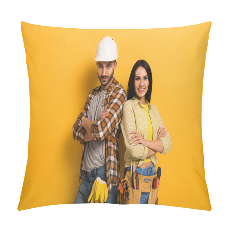 Personality  Confident Smiling Manual Workers With Crossed Arms On Yellow   Pillow Covers