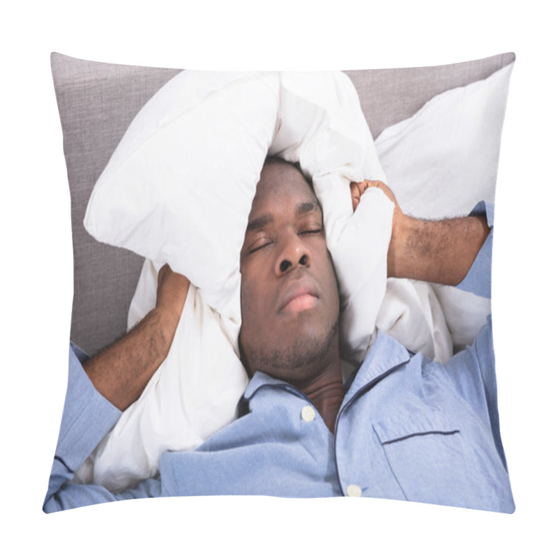 Personality  Man Covering His Ears With Pillow While Lying On Bed Pillow Covers