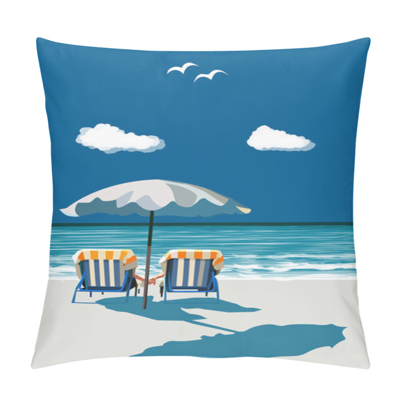 Personality  Beach, Happy Couple Sitting On Deck Chairs, Under Umbrealla, On Vacation, Vector Illustration Pillow Covers