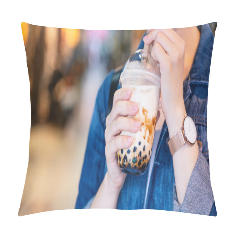 Personality  Young Woman Is Holding, Drinking Brown Sugar Flavored Tapioca Pearl Bubble Milk Tea With Glass Straw In Night Market Of Taiwan, Close Up, Bokeh Pillow Covers