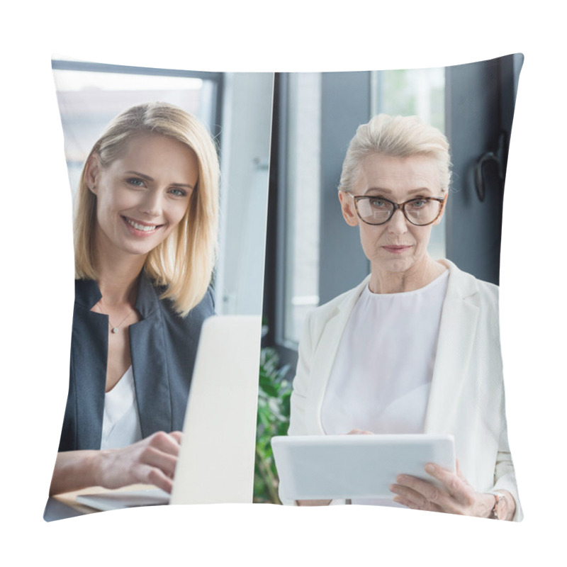 Personality  Collage Of Different Age Businesswomen Using Gadgets At Workplace In Office Pillow Covers