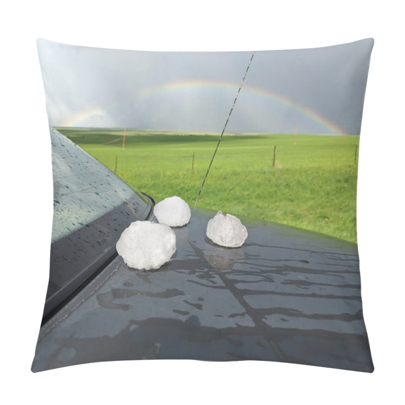 Personality  Giant Hailstones Displayed On A Black Car After A Powerful Storm Has Passed. A Rainbow Can Be Seen In The Background. Pillow Covers