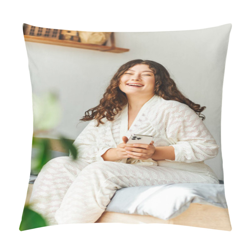 Personality  A Young Plus Size Woman Relaxes On Her Bed, Smiling Brightly While Using Her Smartphone. Pillow Covers