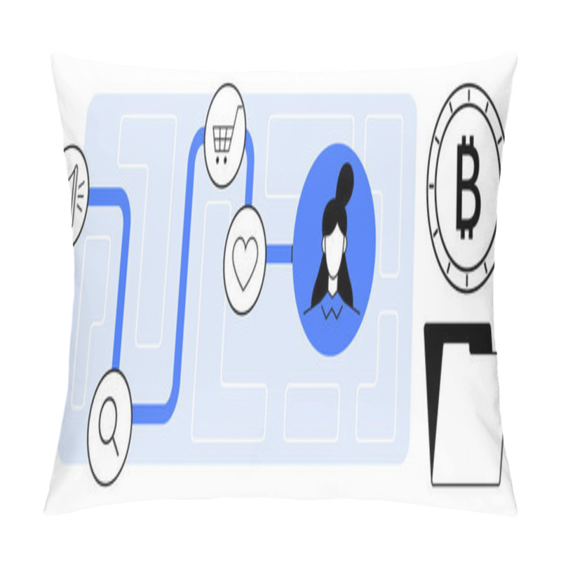 Personality  Icons Of Search, Megaphone, Shopping Cart, Heart, User Profile, Bitcoin, And Files Connected By A Path. Ideal For Marketing, E-commerce, Customer Journey, Cryptocurrency, User Experience, Digital Pillow Covers