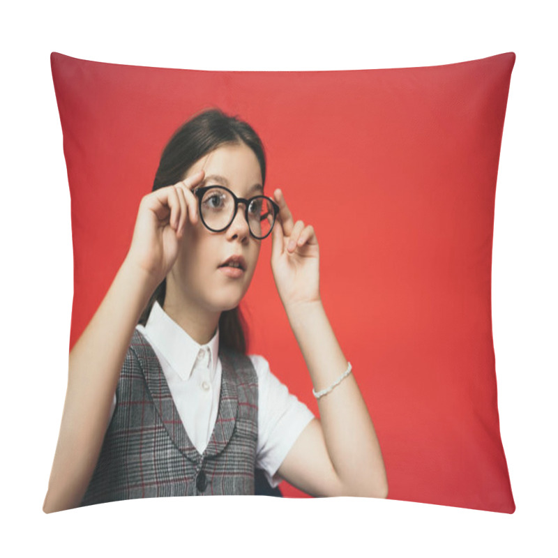 Personality  Girl In Plaid Vest Looking Away And Adjusting Eyeglasses Isolated On Red Pillow Covers