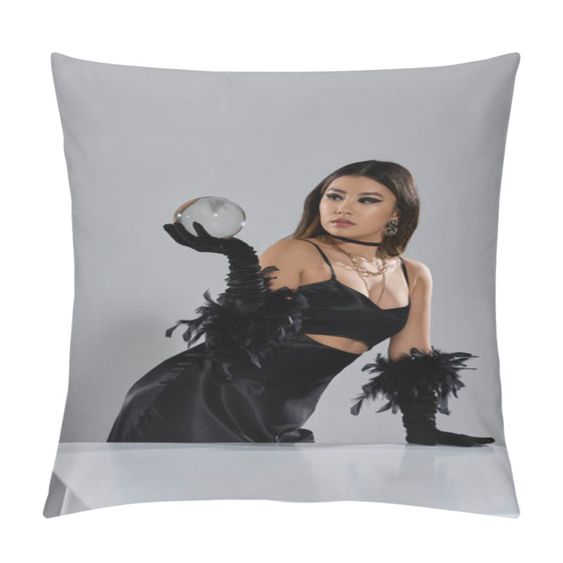 Personality  A Woman In A Black Dress And Feather Gloves Gazes Intently Through A Crystal Ball. Pillow Covers