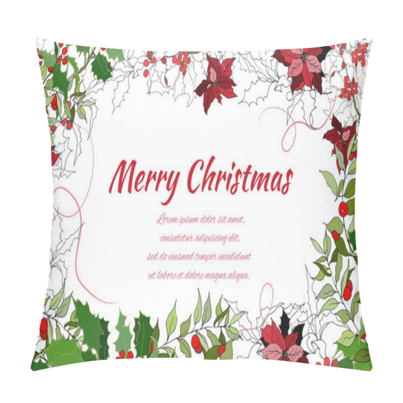 Personality  Greeting Christmas Card, Invitation. Green Branches With Red Flowers And Berries On A White Background. Vector Illustration. Pillow Covers