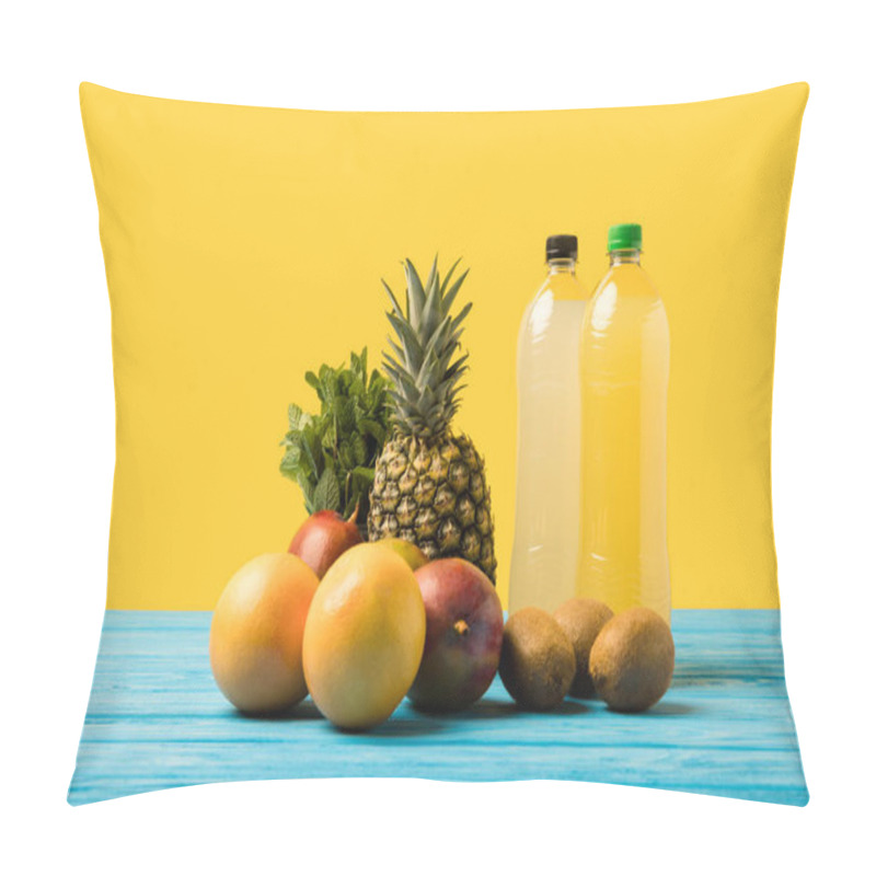 Personality  Close-up View Of Fruity Drinks In Plastic Bottles And Fresh Ripe Tropical Fruits On Yellow  Pillow Covers