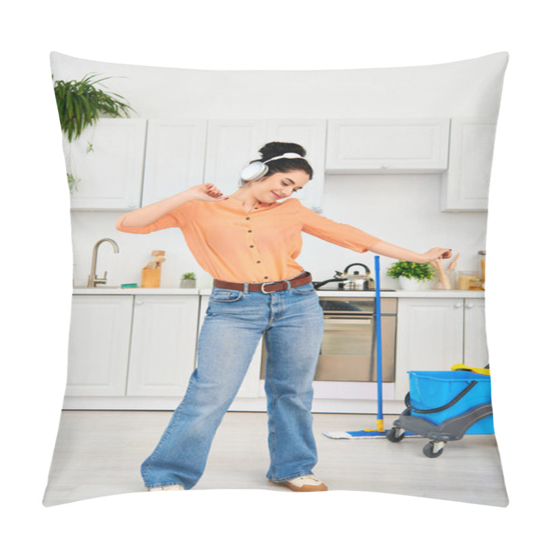 Personality  A Stylish Woman In Casual Attire Energetically Mopping The Floor, With Focus And Determination. Pillow Covers