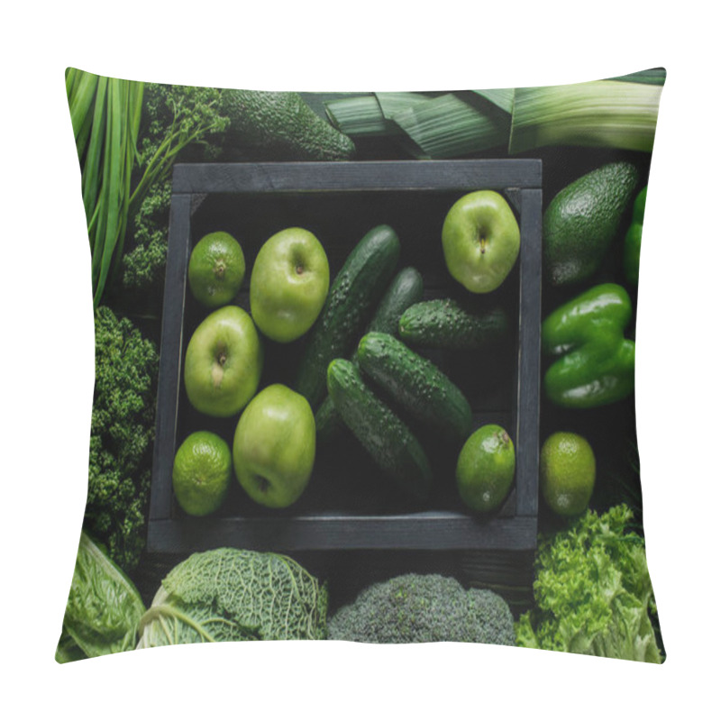 Personality  Top View Of Apples And Cucumbers In Wooden Box Between Green Vegetables, Healthy Eating Concept Pillow Covers