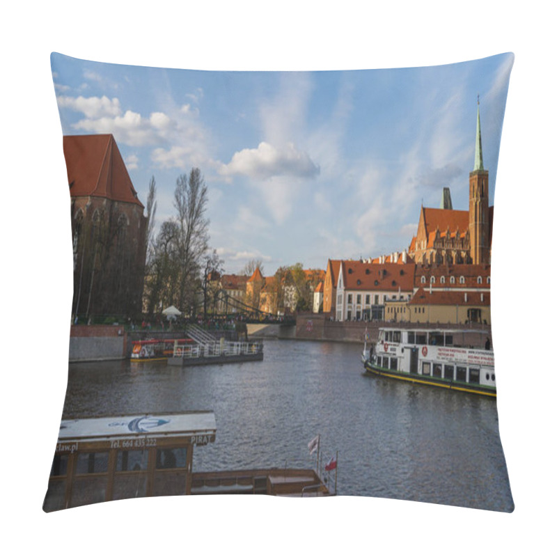 Personality  WROCLAW, POLAND - APRIL 18, 2022: Boats On River Near Ostrow Tumski At Daytime  Pillow Covers