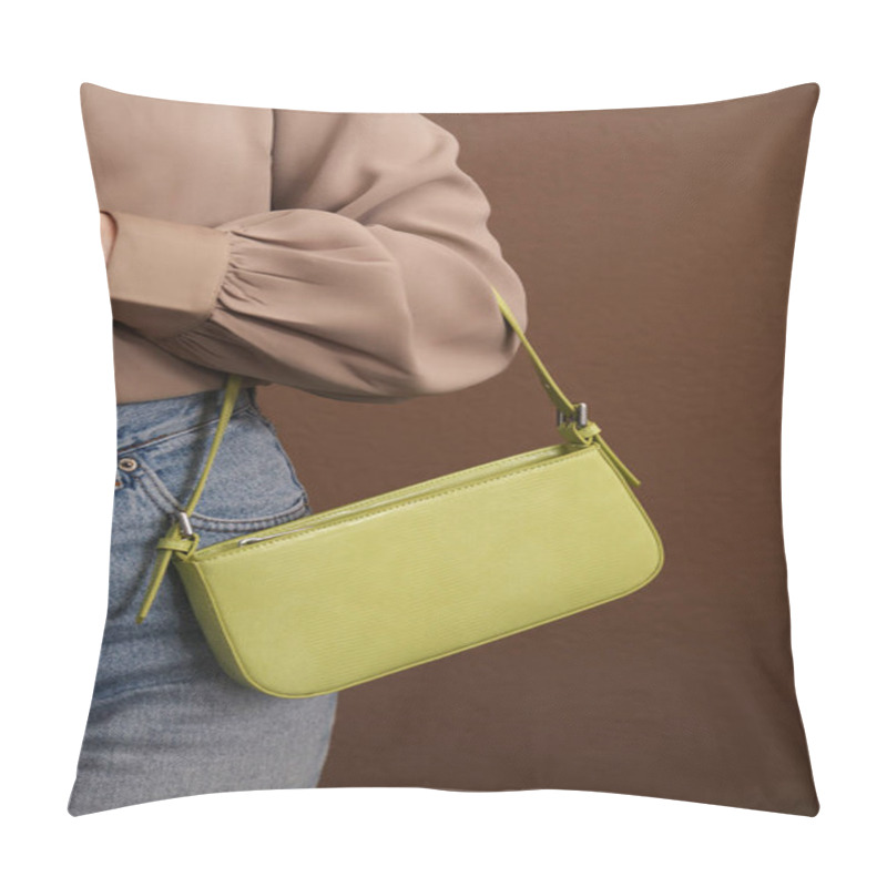 Personality  Woman With Stylish Baguette Handbag On Brown Background, Closeup Pillow Covers