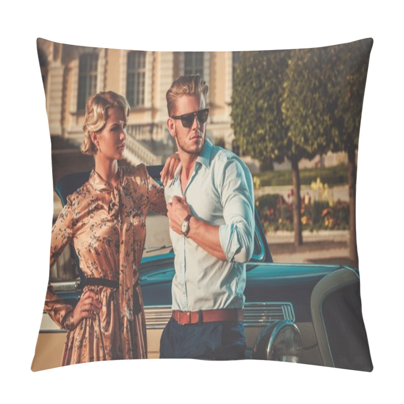 Personality  Couple Near Classic Convertible Against Royal Palace Pillow Covers