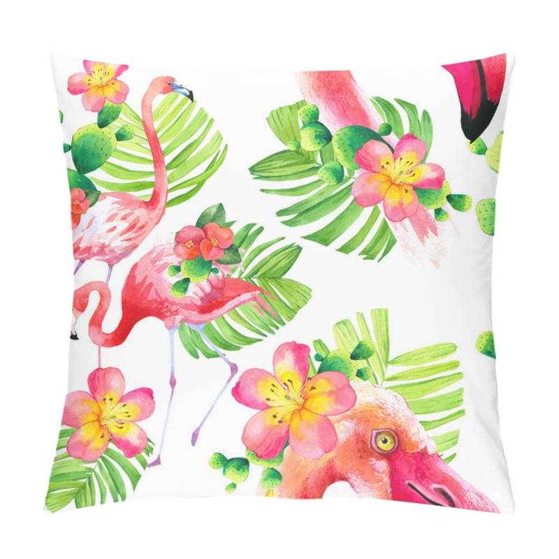 Personality  Watercolor Seamless Pattern On White Background. Illustration With Pink Flamingo And Tropical Plants. Paradise Bird. Pillow Covers