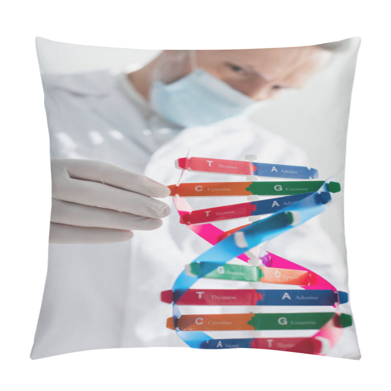 Personality  Selective Focus Of Dna Model Near Blurred Geneticist In Medical Mask Pillow Covers