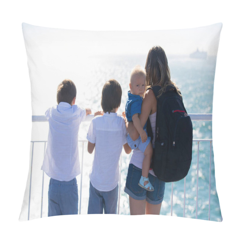 Personality  Happy Family With Children, Enjoying The Ship Trip From The Upper Deck Of The Ship On A Beautiful Summer Sunny Day Pillow Covers