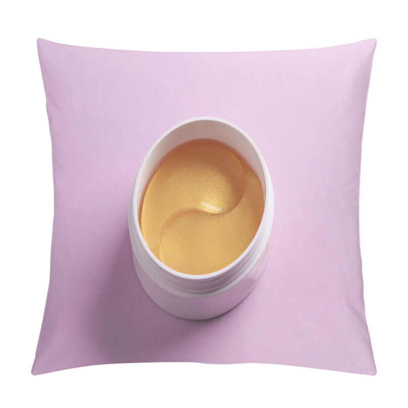 Personality  Jar With Golden Eye Patches On Purple Background. Beauty Concept Pillow Covers