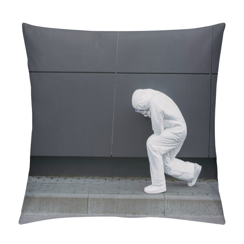 Personality  Asian Epidemiologist In Hazmat Suit Leaning On Wall While Suffering From Symptomatic Abdominal Pain Pillow Covers