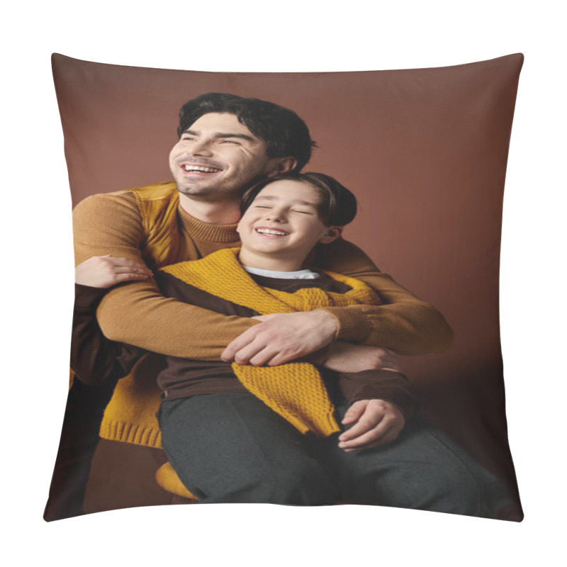 Personality  A Father And Son Share A Warm Embrace, Both Beaming With Joy And Laughter. Pillow Covers