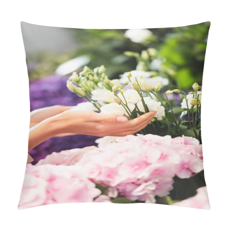 Personality  Cropped View Of Female Florist Caring About Eustoma Flowers Near Hydrangeas On Blurred Foreground Pillow Covers