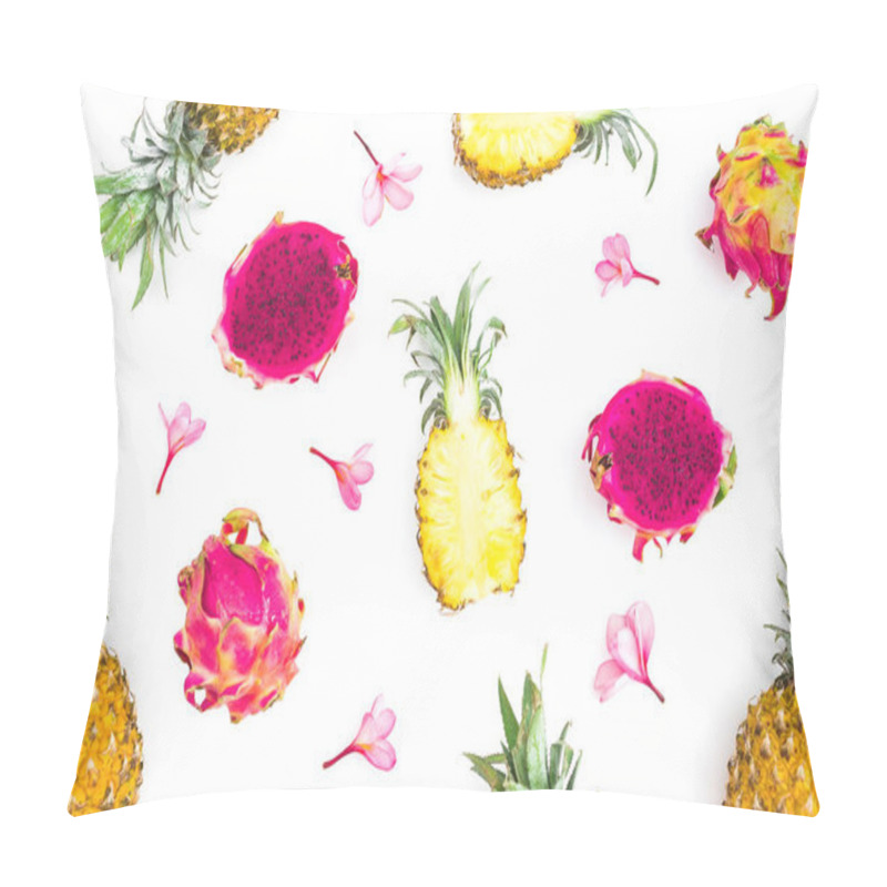 Personality  Fruit Composition Of Pineapple And Dragon Fruits With Tropical Pink Flowers On White Background. Flat Lay, Top View. Pillow Covers