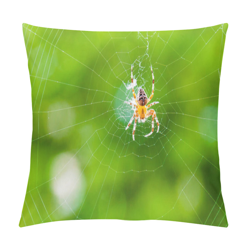 Personality  Yellow Black Orb-weaver Spider Araneid Insect Sitting On His Spiderweb On Natural Green Blurred Background Pillow Covers