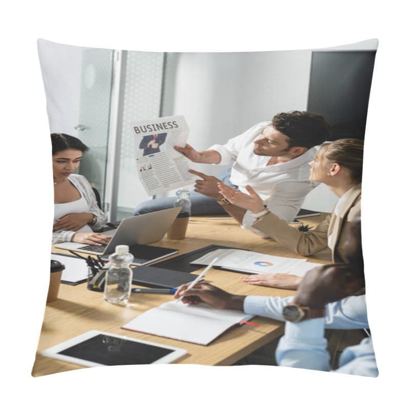 Personality  Young Businessman Showing Newspaper To Multiethnic Colleagues During Meeting Pillow Covers