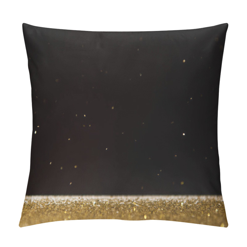 Personality   Table With Bright Golden Sparkles Isolated On Black  Pillow Covers