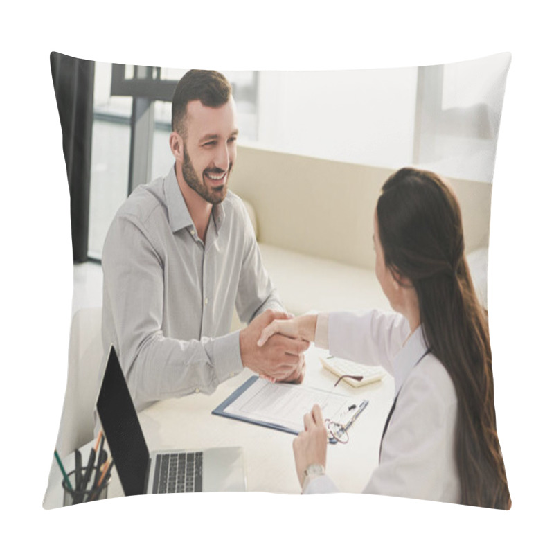 Personality  Smiling Client Shaking Hands With Doctor In Office With Laptop And Insurance Claim Form Pillow Covers