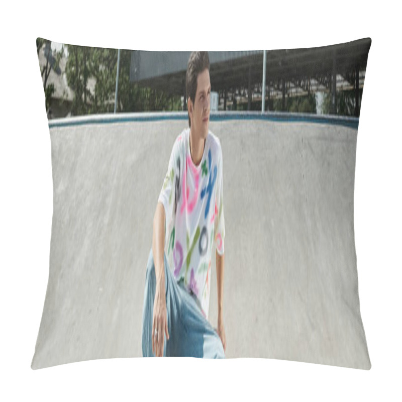 Personality  A Young Skater Accelerates Up A Skate Park Ramp On His Skateboard, Embracing The Thrill Of The Climb. Pillow Covers