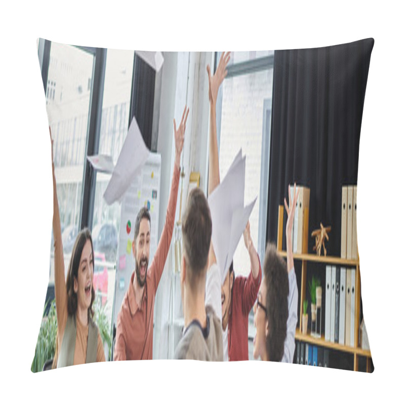 Personality  Professionals Share A Joyful Moment, Tossing Papers During A Challenging Time. Pillow Covers