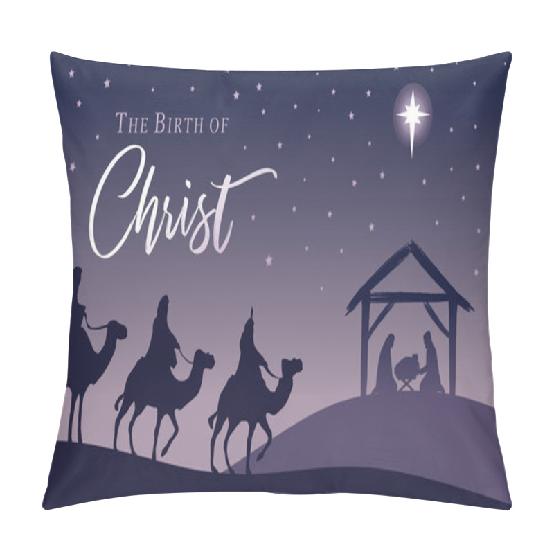 Personality  Nativity Scene - Silhouette Jesus In Manger, Wisemen And Bethlehem Star. Three Kings, Camels, Mary, Joseph And Bethlehem Star. Vector Illustration Pillow Covers