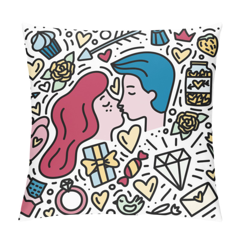 Personality  Romantic Couple Kissing. Doodle Hand Drawn ValentinesDay Concept. Print For For Valentines, Save The Date Or Wedding Card. Pillow Covers