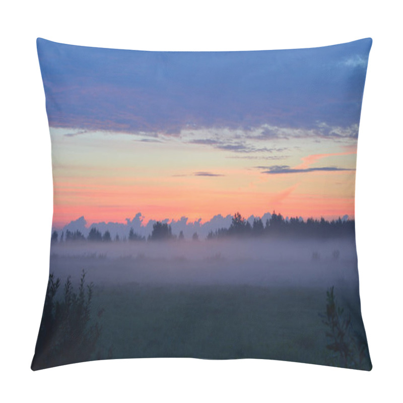 Personality  Country Field In A Fog At Sunrise. Tree Silhouettes In The Background. Pure Golden Morning Sunlight. Epic Glowing Red Clouds. Idyllic Rural Scene. Concept Art, Fairytale, Picturesque, Unicorn Colors Pillow Covers