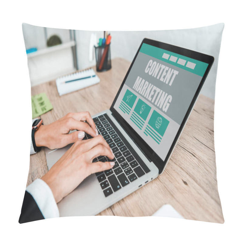 Personality  Selective Focus Of Businesswoman Typing On Laptop With Content Marketing Lettering On Screen   Pillow Covers