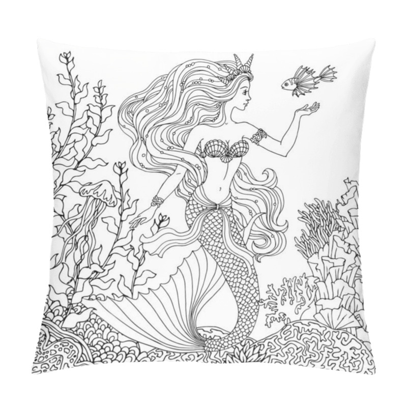 Personality  Mermaid With Fish Undersea, Hand Drawn Vector Illustration On A  Pillow Covers